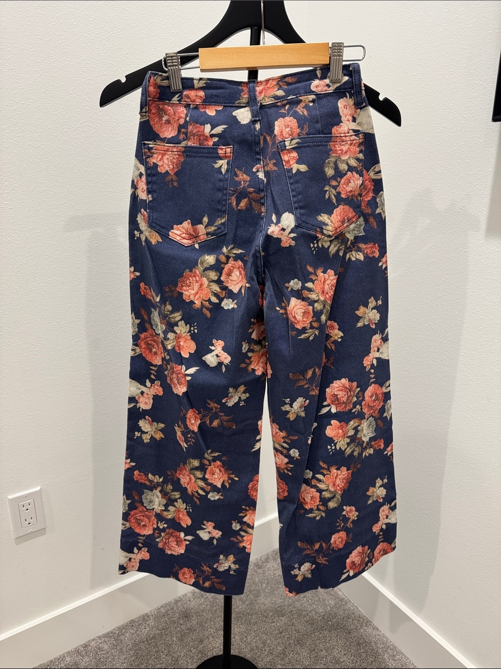 Wide Leg Floral Pants in Navy with Pink Roses - Picture 4 of 4